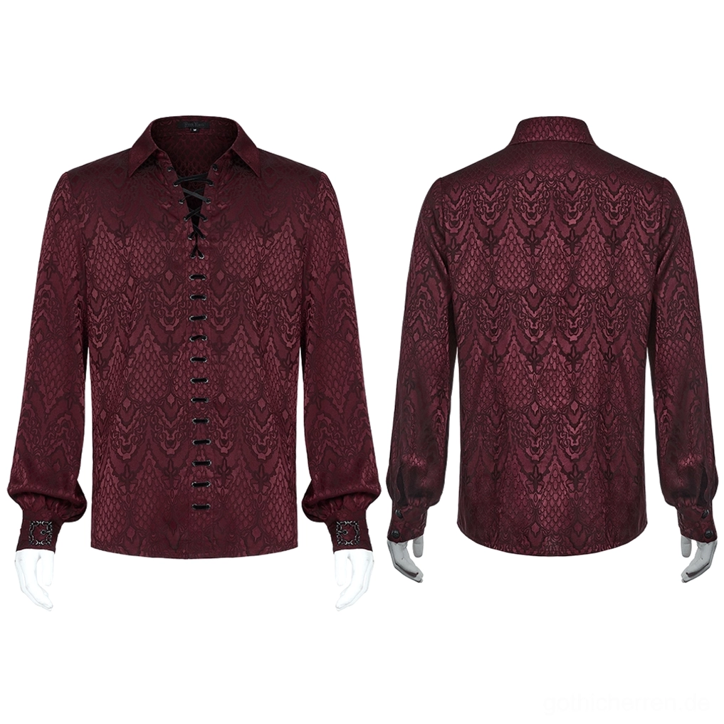 Burgundy Gothic Jacquard Schnürhemd Frontal Rückenansicht auf Schneiderpuppe viktorianische Schnürung Metallschnallen Manschetten flache Ausstellung