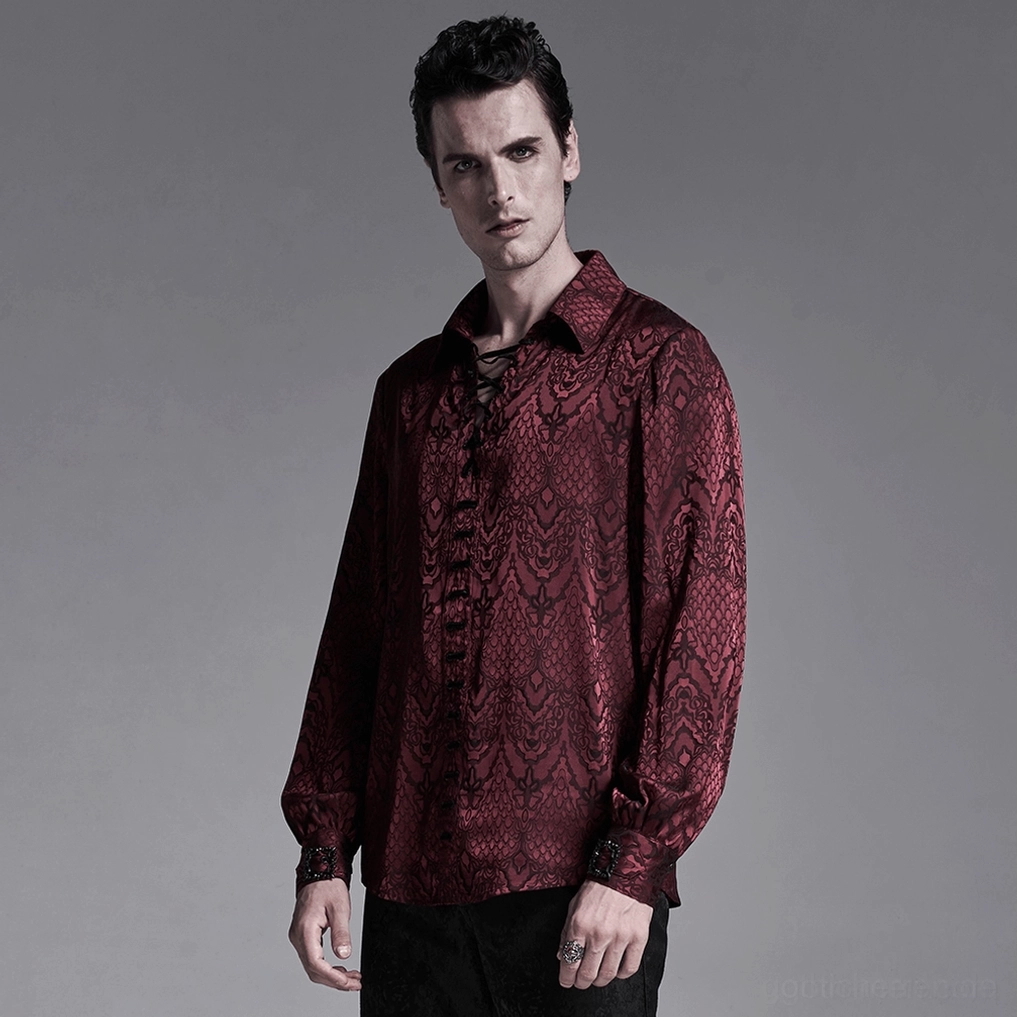 Burgundy Gothic Jacquard Schnürhemd Herrenmodell volle Körperlängenansicht Passformdarstellung gotische Eleganz Alternative Fashion Styling Dunkelheit