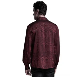 Burgundy Gothic Jacquard Schnürhemd Herren Rückenansicht Model viktorianisches Design tonale Jacquard Webung gerundelte lange Ärmel gothic Details