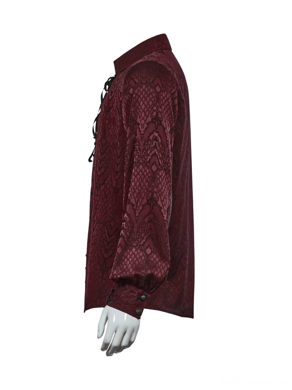 Burgundy Gothic Schnürhemd Seitenansicht auf Schneiderpuppe Seitenschnürung Detail gerundelte Ärmel gathers Manschette Jacquard Textil gotische Ästhetik