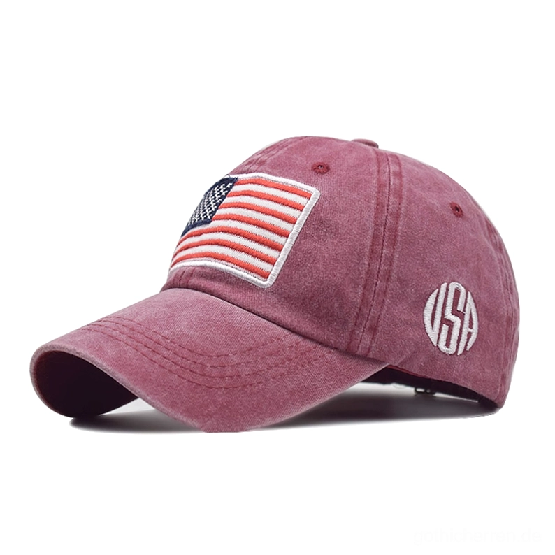 Burgunder Weinrot gewaschene Gothic USA Flagge Baseball Cap, romantische Goth Ästhetik unisex Kopfbedeckung, tiefe rote Farbe mit viktorianischen Untertönen