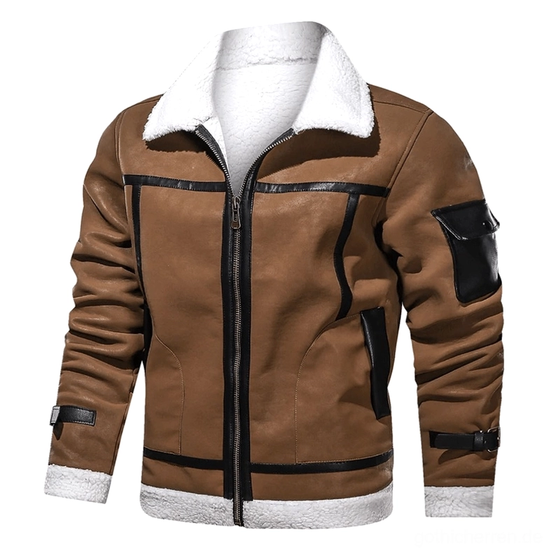 Camel-braune Gothic Lederjacke mit weißem Shearling-Trim, luxuriösem Innenfutter und eleganter Ärmel-Pattentasche