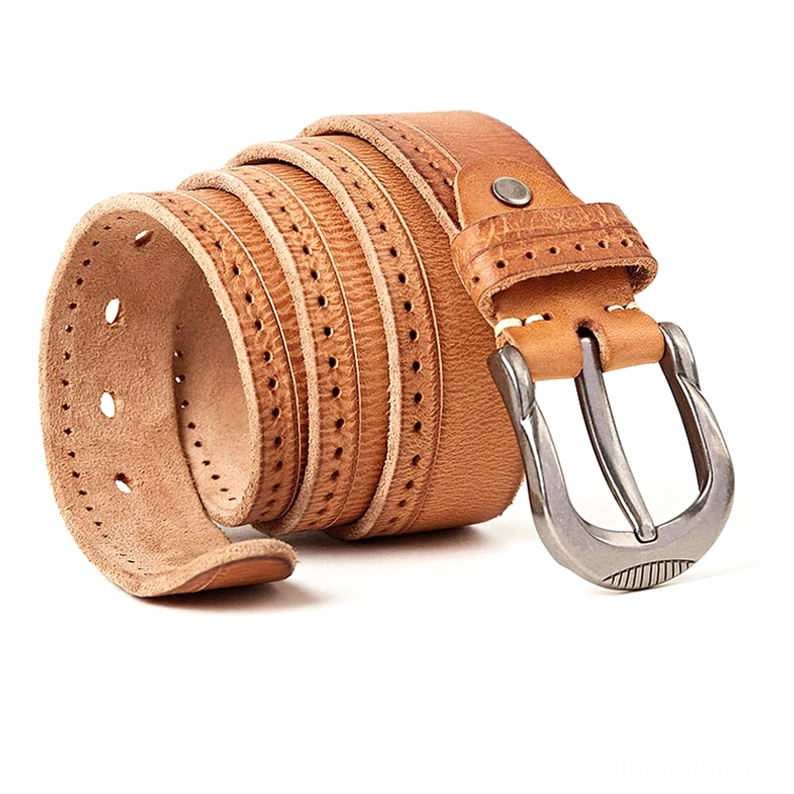 Camel echtes Leder Gothic Gürtel mit dichter Lochung und Distressed Finish, mehrschichtige Perforationen Detail