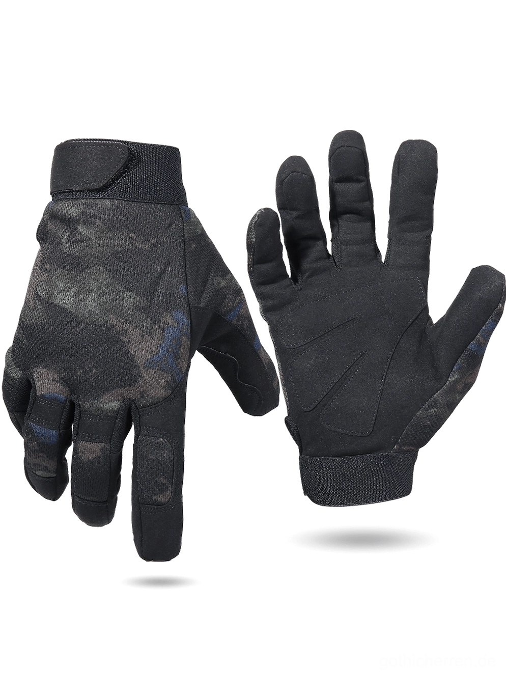 Dunkle Camouflage-Tactical Handschuhe mit schwarzem Camouflage-Muster, Wildleder-Handfläche und militärisch inspiriertem Design