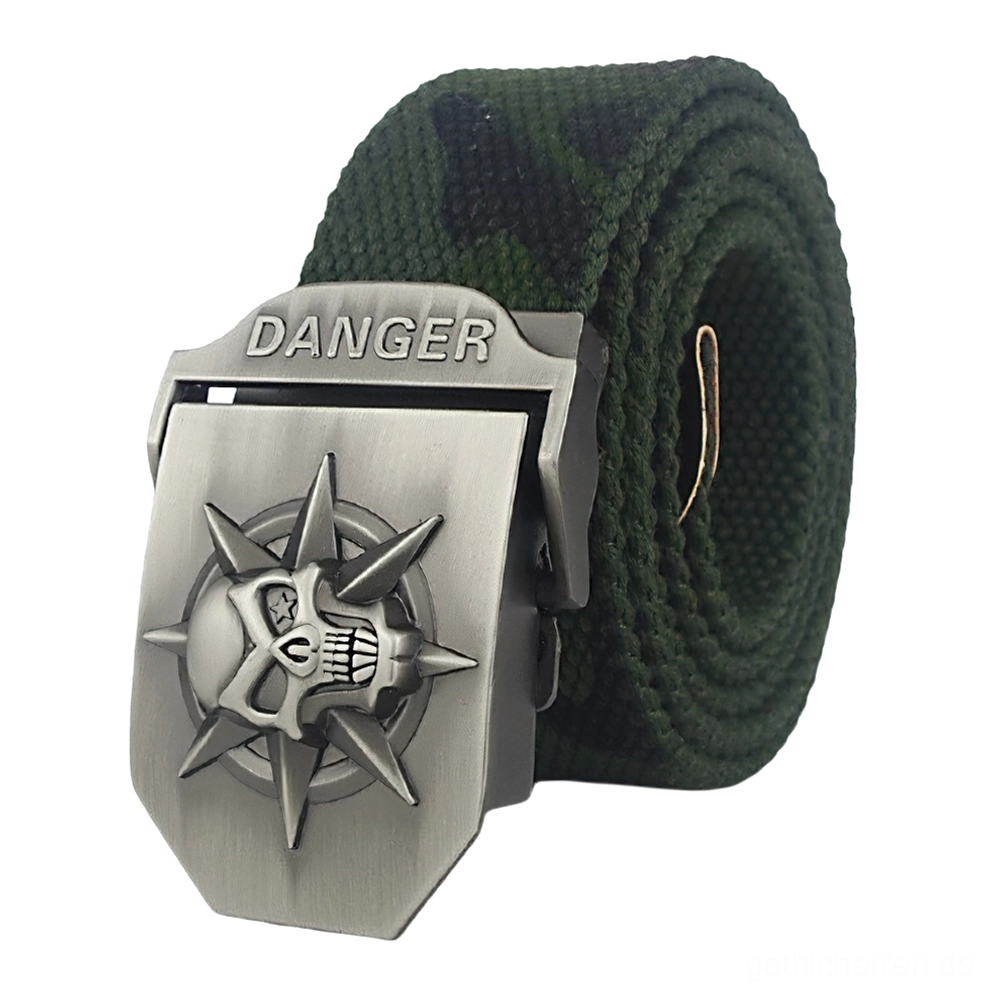 Camouflage Canvas Gothic Gürtel mit silberner Metallschnalle Totenkopf Spike - Industrial Punk Style unisex Accessoire für Gothic Lovers