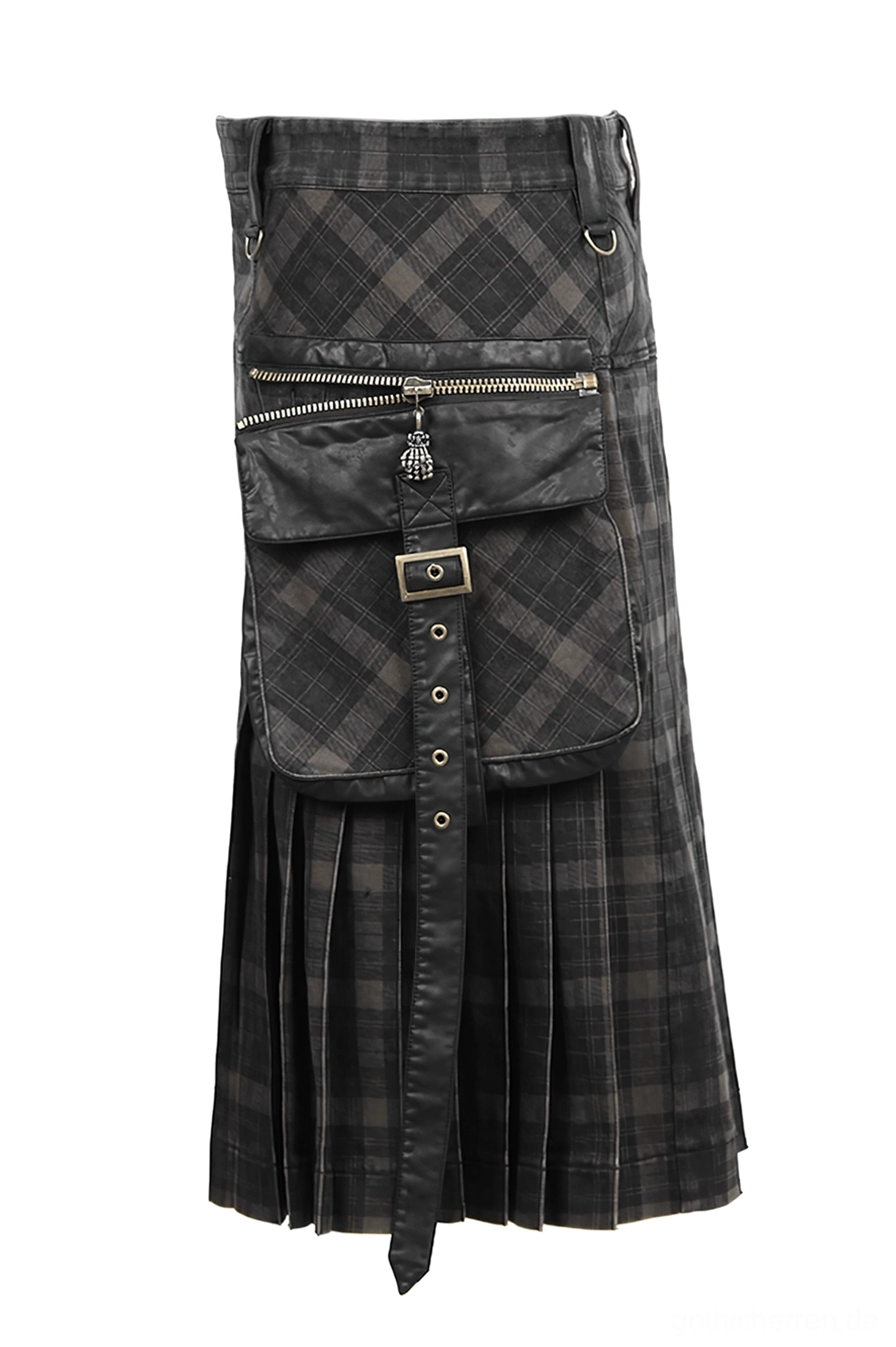 Cargo Herrenrock Taschennah-Detail mit gezipperten Fächern und Metallschnallen Akzenten sowie Ledertrim auf Tartan Stoff