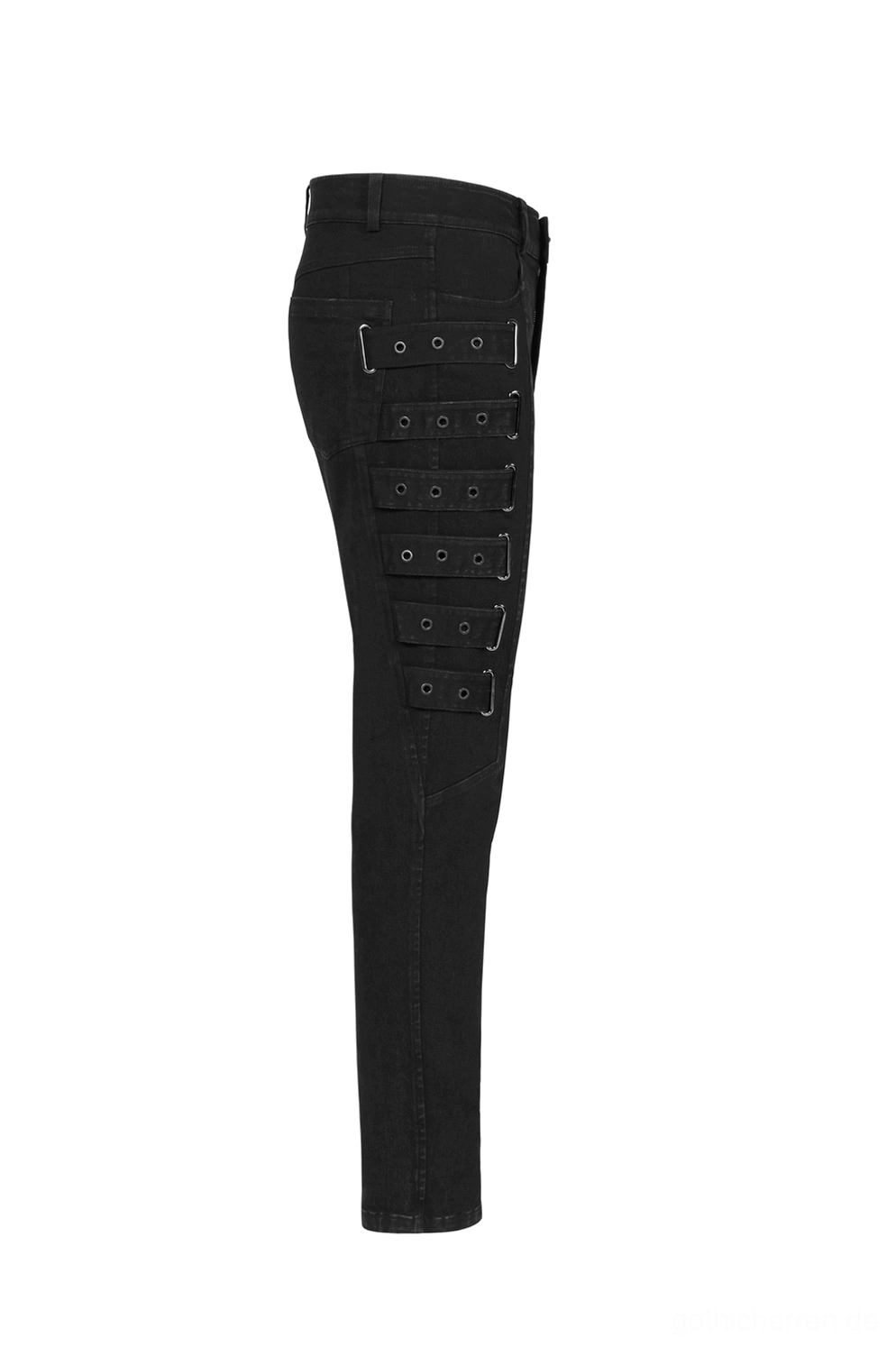 Seitenansicht Flatlay schwarze Cargohose mit vertikaler Anordnung von Metalösen-Riemen und verstellbaren Schnallen an fitted slim-leg Silhouette