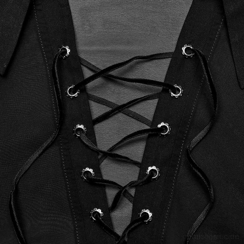 Detaillierte Ansicht Metallösen-Schnürfront des Chiffon-Hemdes mit schwarzen Schnüren durch silberne Ösen, durchsichtige Chiffon-Grundlage, Schnürungskonstruktion