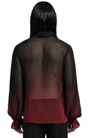 Rückenansicht durchsichtiges Chiffon-Hemd mit Schnürung, transparenter Rückenseite und Farbverlauf-Ombré-Design, rüschenverzierte Manschetten, gotischer Stil
