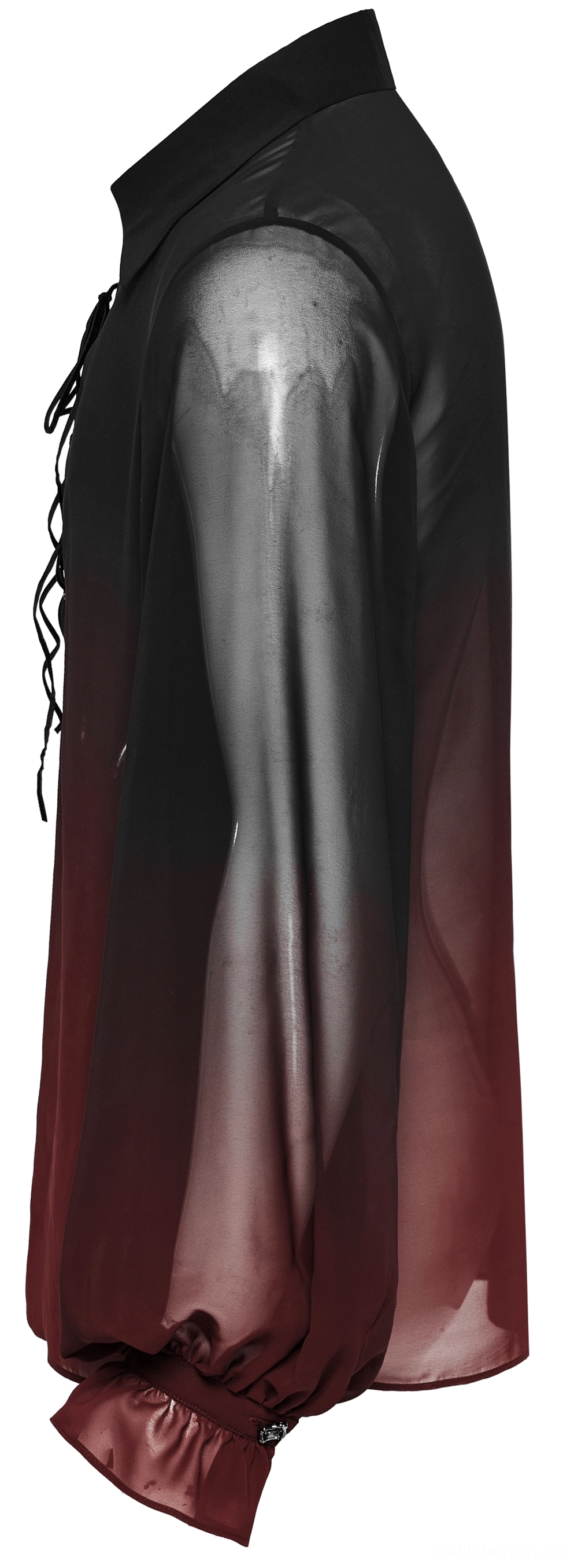 Seitenprofile durchsichtiges Chiffon-Hemd mit dramatischem Laternärmeldesign und rüschenverziertem Manschettendetail auf Schneiderpuppe, gotische Eleganz
