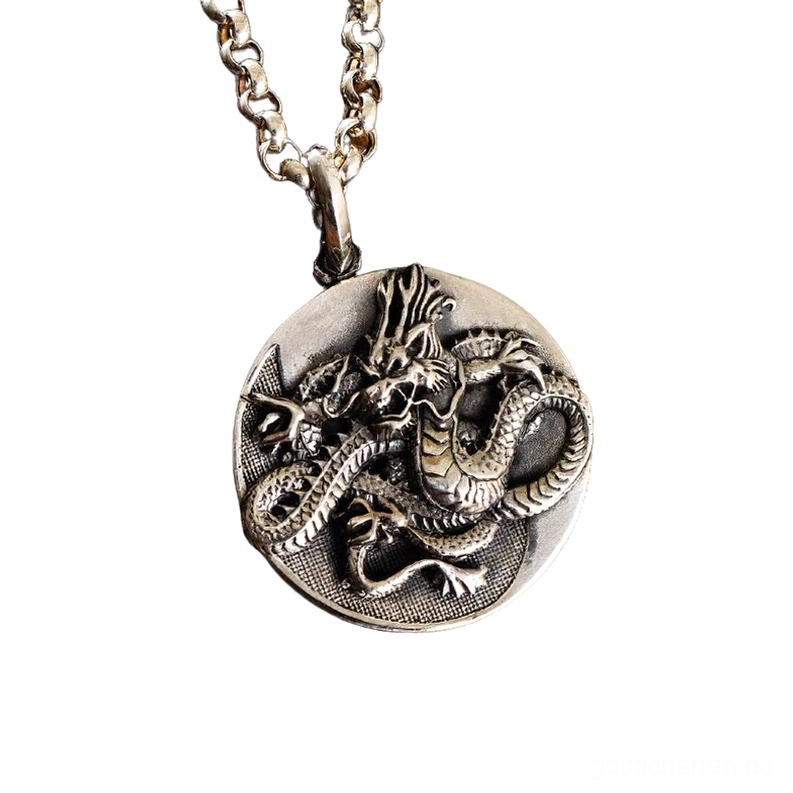 Chinesischer Drache mythische Bestie Sterling Silber Gothic Anhänger hochrelief geprägt Studio Detail Ansicht