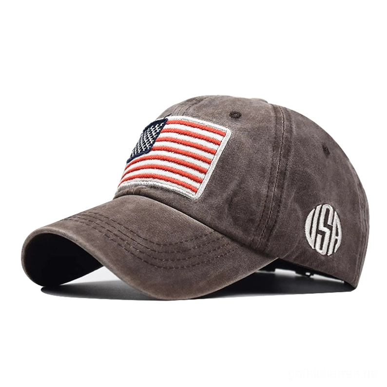 Kaffeebraun gewaschene Gothic USA Flagge Baseball Cap, minimalistisches Design Dark Aesthetic Kopfbedeckung, erdiger Ton mit subtiler Flag-Stickerei