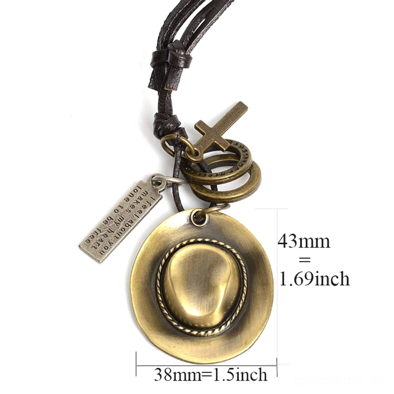 Cowboyhut Lederseil Pendant Halskette mit Größenreferenzmarkierungen, Bronze Metallakzente und dekorative Ringe, Größenvergleich für gotische Kette