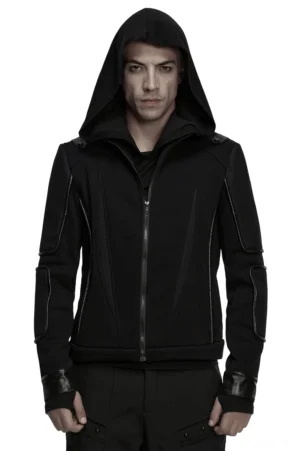 Cyberpunk Gothic Jacke mit Mesh-Panelen Vorderansicht auf männlichem Modell, strukturierte schwarze Silhouette mit Mesh-Elementen