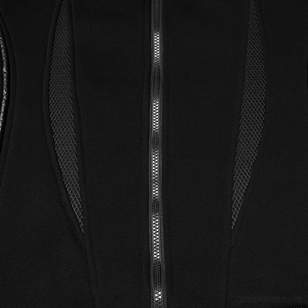 Cyberpunk Gothic Jacke Reißverschluss- und Mesh-Panel-Detail Nahaufnahme mit Metallhardware und Nähqualität