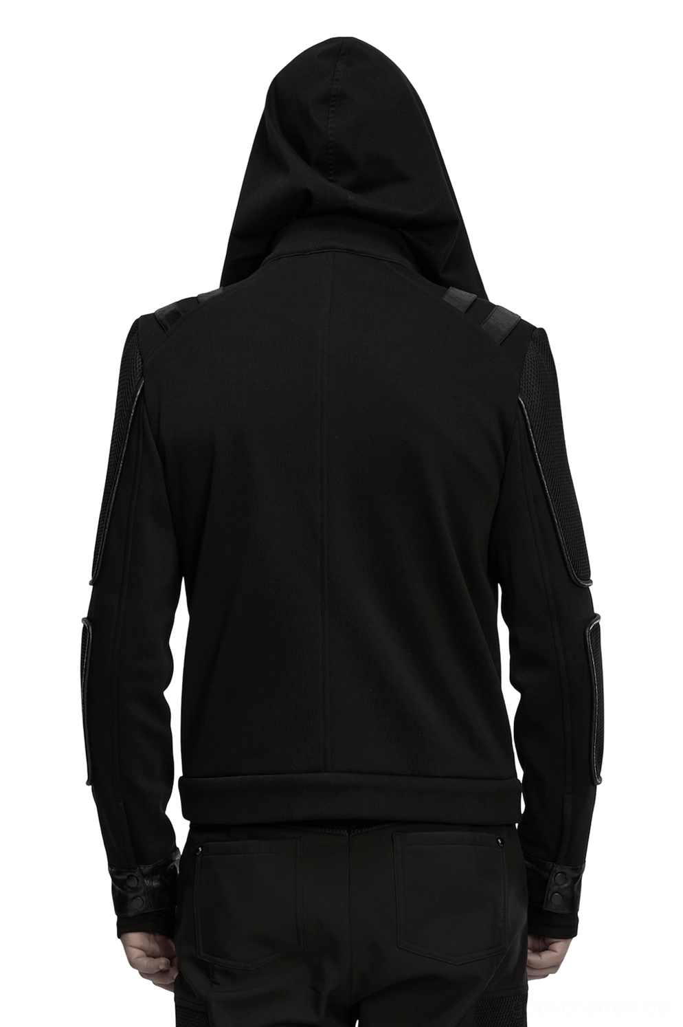 Cyberpunk Gothic Jacke Rückansicht zeigt maßgeschneiderte Nähte, strukturierte Schulterdetails und durchdachte Konstruktion