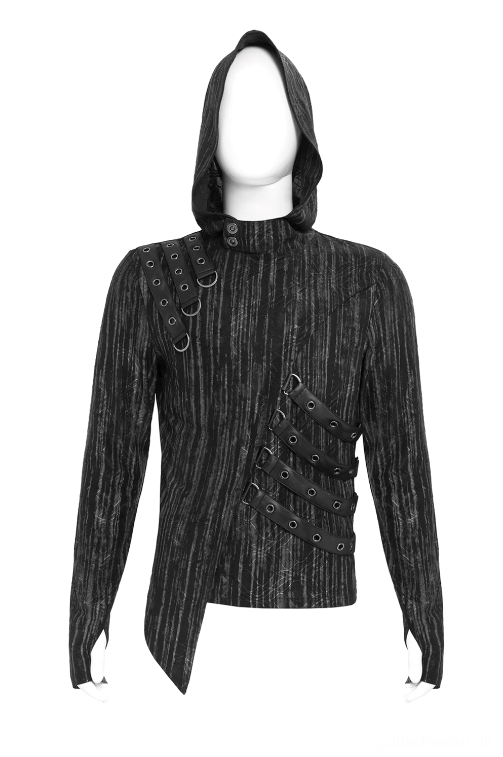 Vorderansicht Display-Mannequin trägt schwarzen Gothic gestreiften Kapuzenpullover mit Metallösen-Riemensystem an Schultern und Vorderseite
