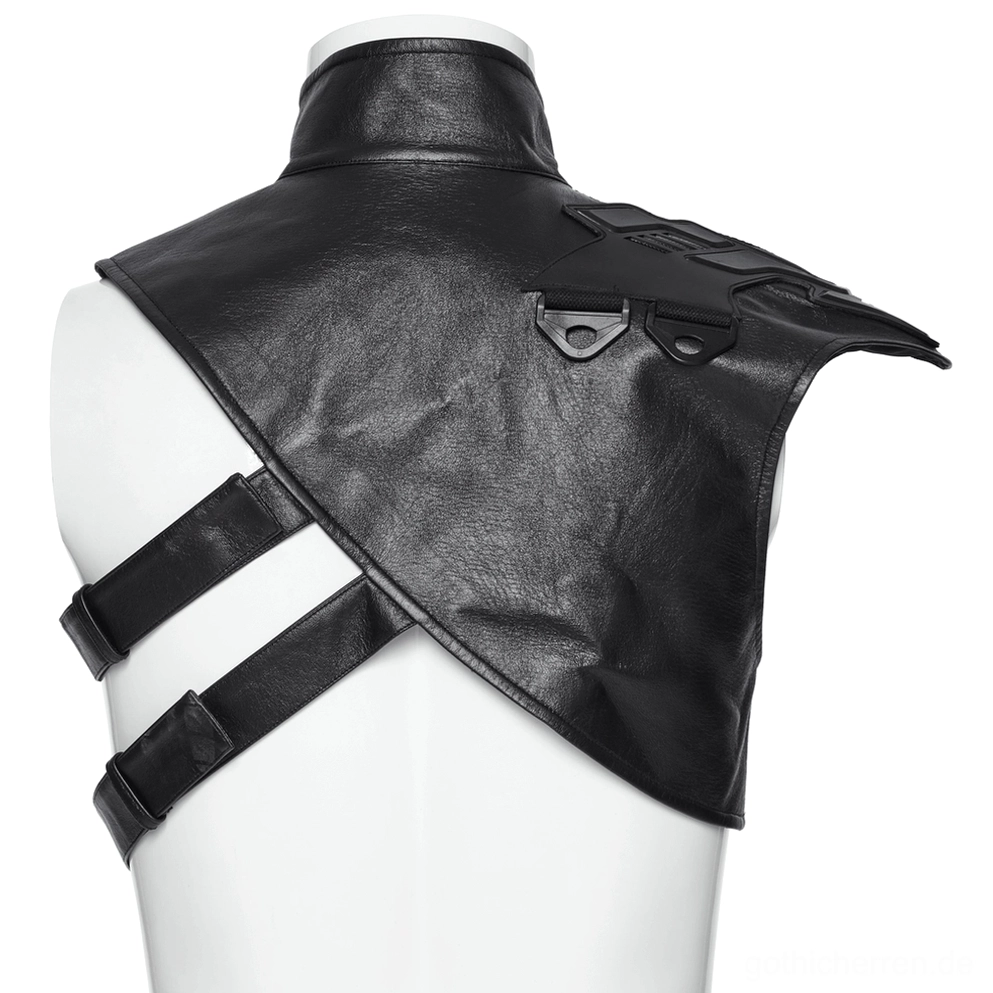 Rück-Dreiviertelsansicht des taktischen Schulter-Harness mit einseitiger Schulterpaneel-Abdeckung und dualen Rücken-Befestigungsriemen, Asymmetrischer Gothic Look