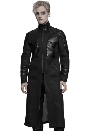 Schwarzer Cyberpunk Mesh Tactical Mantel Frontansicht worn von männlichem Model im Studio mit weißem Hintergrund zeigt Stand-Kragen und Leder-Brusttaschen