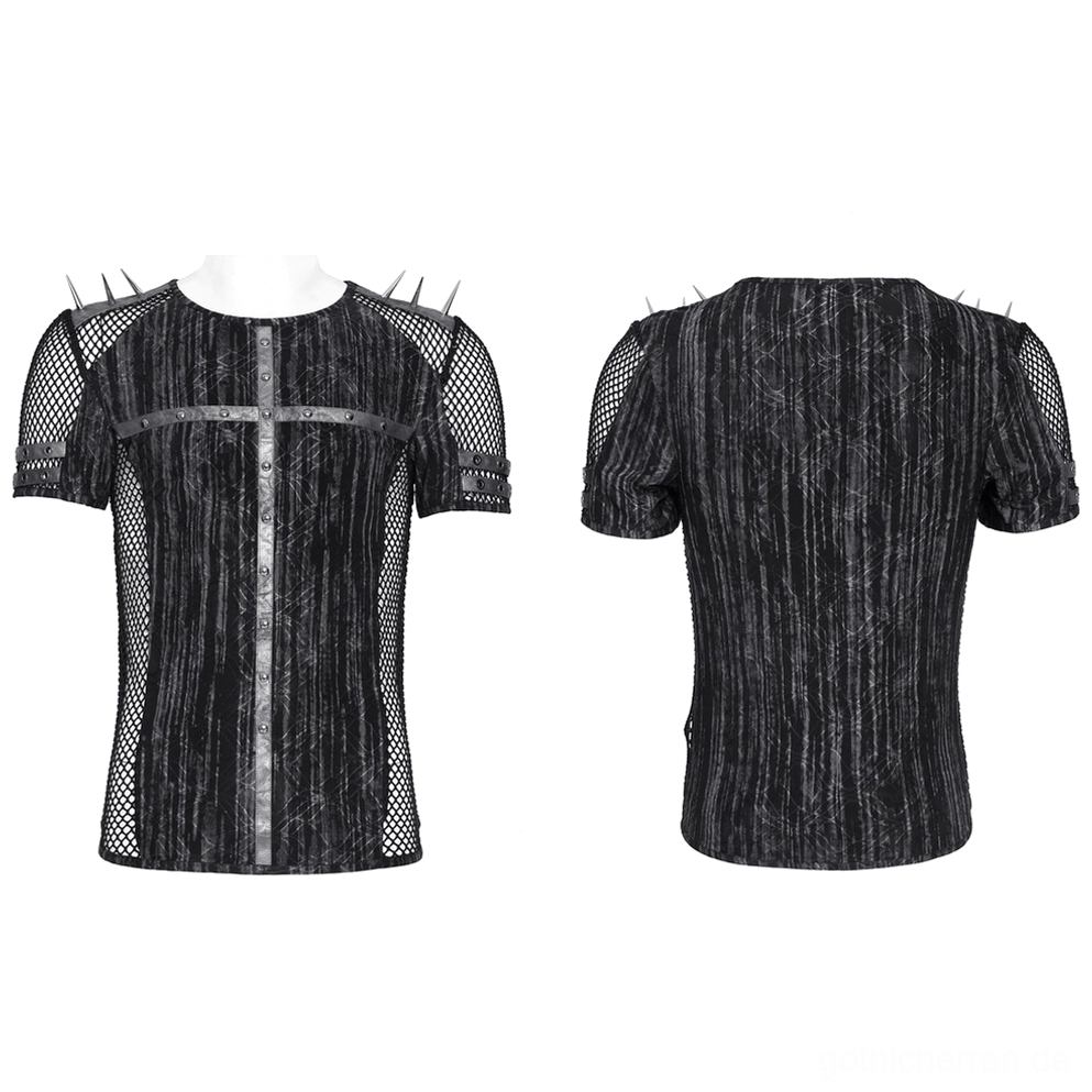 Cyberpunk Mesh T-Shirt mit Nieten-Kreuzharness Dual-Mannequin Display Vorder- und Rückseite mit Fischnetzmuster-Ärmeln