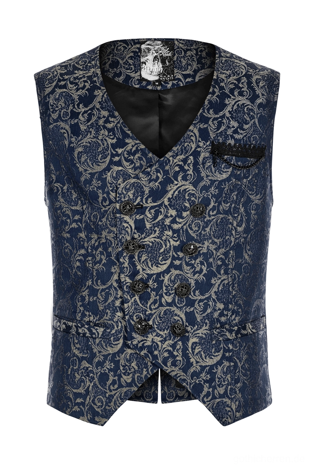 Marineblaue Damast-Jacquard-Weste Flachlage Vorderseite mit silbernem Barockmuster und schwarzer Spitzentaschenverkleidung