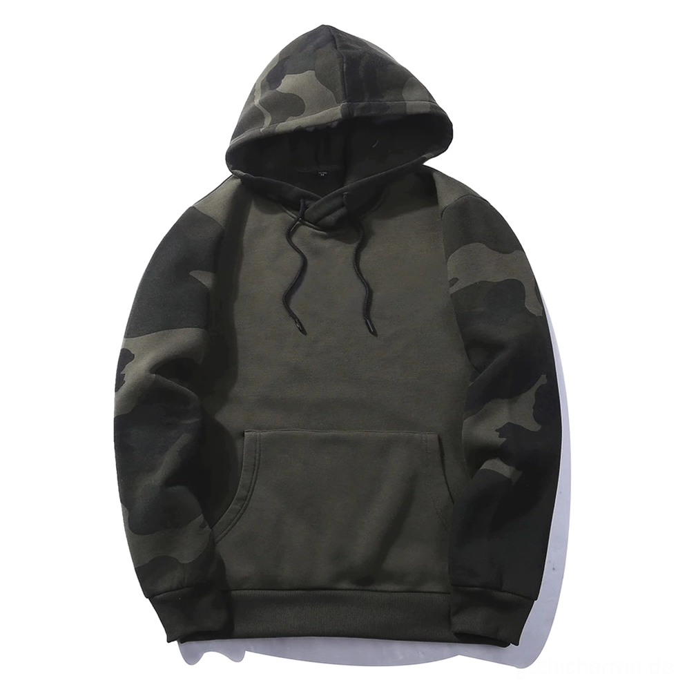 Volles dunkelgrünes Camouflage-Muster taktischer Gothic-Kapuzenpullover ohne Frontdruck Flachliege minimalistisches Design