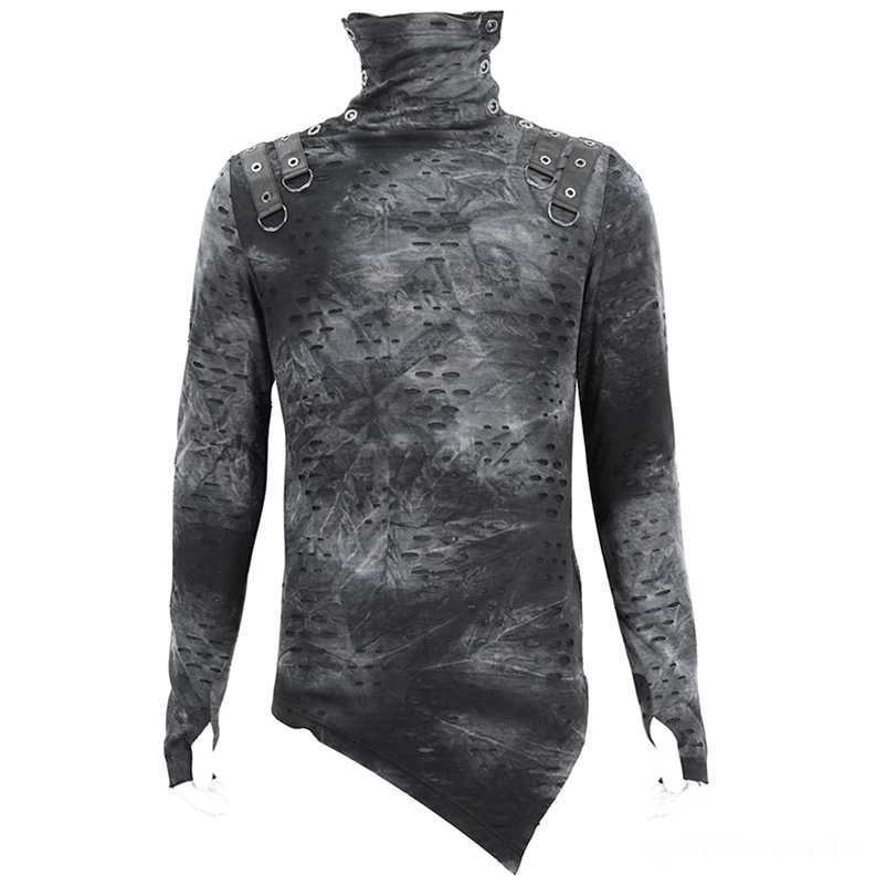 Herren-Dunkelgraues Gothic Rollkragen-Shirt Rückansicht auf Schaufensterpuppe, doppeltes Metallschnallen-Set an den Schultern, perforierter Tie-Dye-Distressed-Stoff, schlanke taillierte Passform