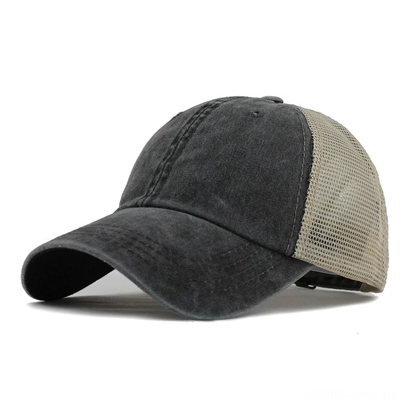 Dunkelgrau gewaschene vintage Gothic-Baseball-Kappe mit Mesh-Rückpanels und gekrümmter Krempe – Cyberpunk Goth und Industrial Look