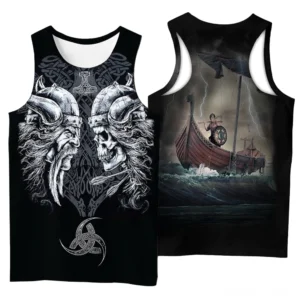 Gothic Viking Tank Top Rückansicht mit 3D-Druck Wikinger-Langschiff Sturmsee Design schwarzes ärmelloses Herren-Shirt Nordic