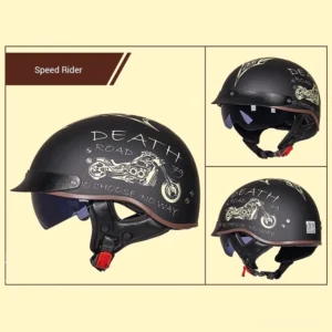 Death Road Motorradhelm Mehrwinkel-Ansicht zeigt Vorder- Seiten- und Rückperspektive der gotischen Helmkonstruktion