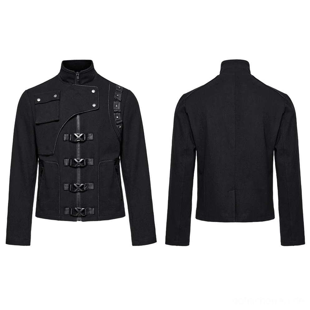 Flächige Vorder- und Rückseiten-Ansicht der dekonstruierten Gothic Denim Jacke zeigt asymmetrisches Design mit Nietenhardware und asymmetrischen Taschen