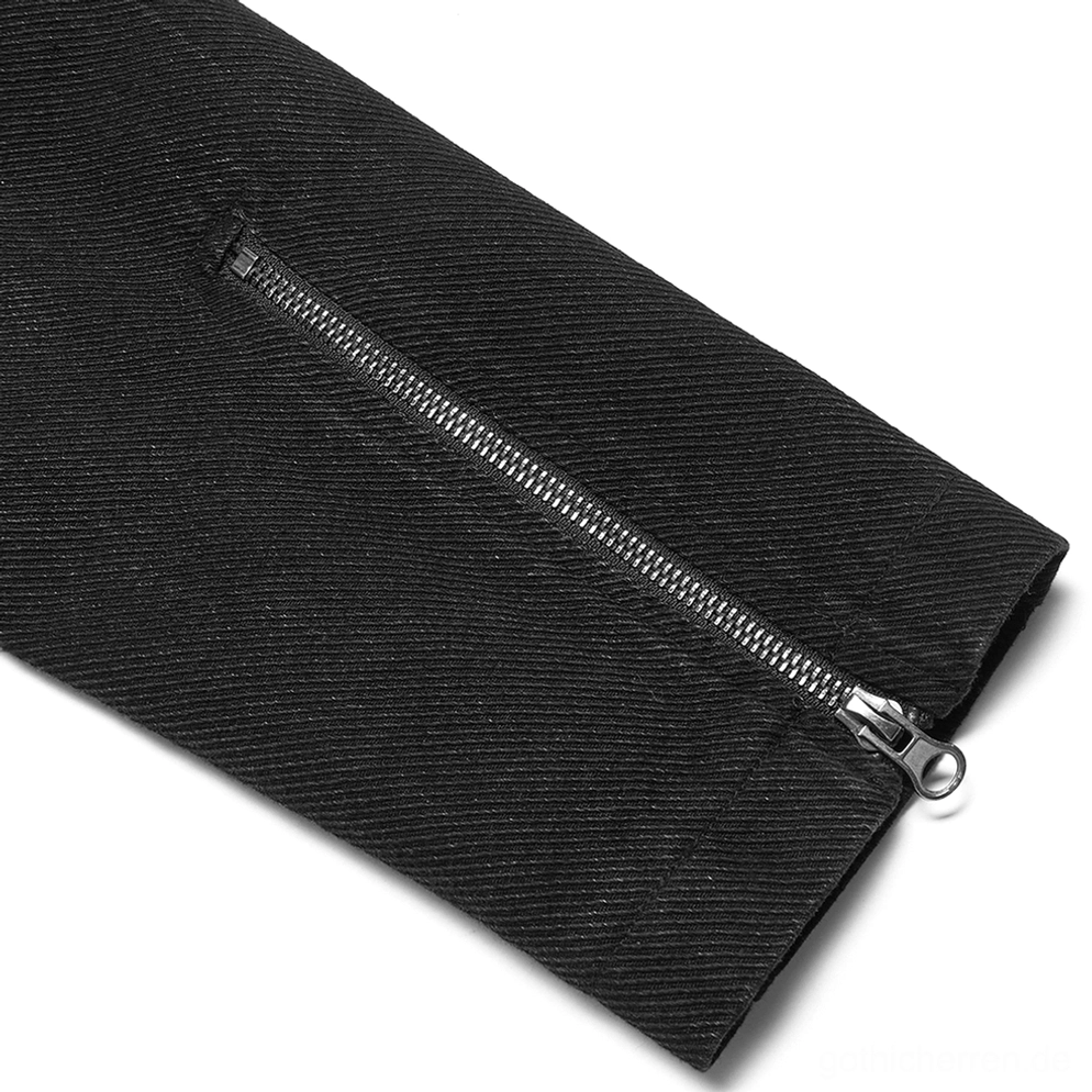 Makro-Nahaufnahme Denim-Jacken-Ärmel zeigt Metall-Reißverschluss-Hardware, Köper-Denim-Textur und Verarbeitungsqualität