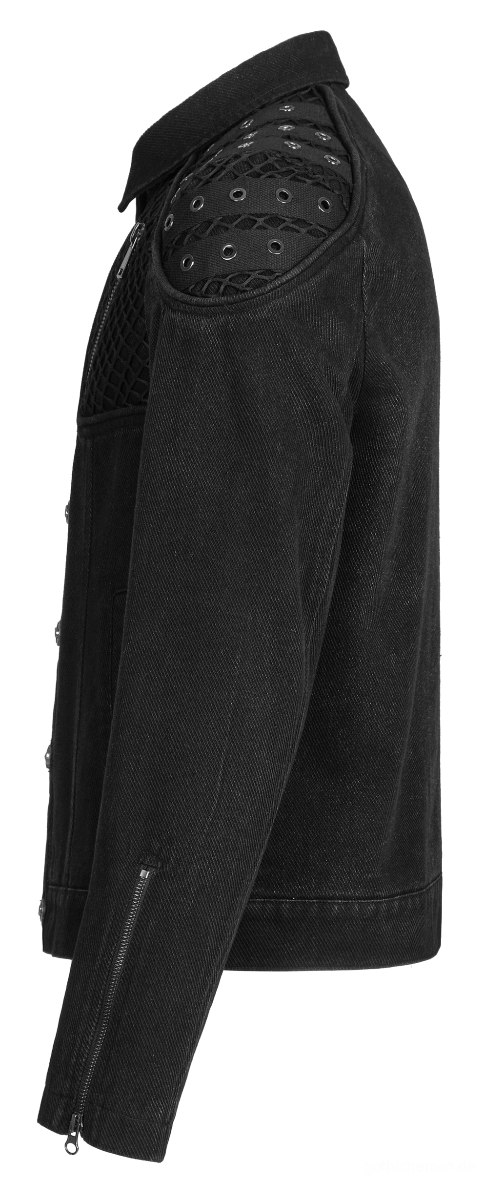 Nieten-schwarze Denim-Jacke Seitenprofil zeigt Mesh-Splice-Details und funktionalen Ärmel-Reißverschluss