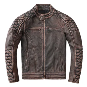 Distressed brown genuine leather biker jacket front flat lay view with quilted diamond shoulders and industrial zipper hardware - gothic rebel moto coat slim fit