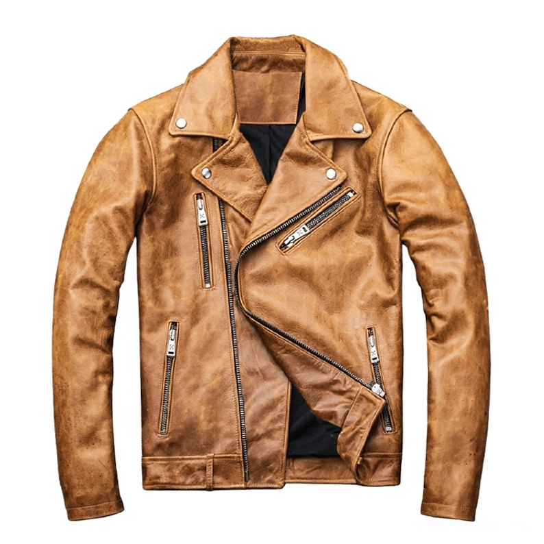 Distressed Camel Leder Motorradjacke Vorderansicht mit asymmetrischem Reißverschlussdesign und silbernen Druckknöpfen am Umlegekragen für authentischen gothic Rock Style