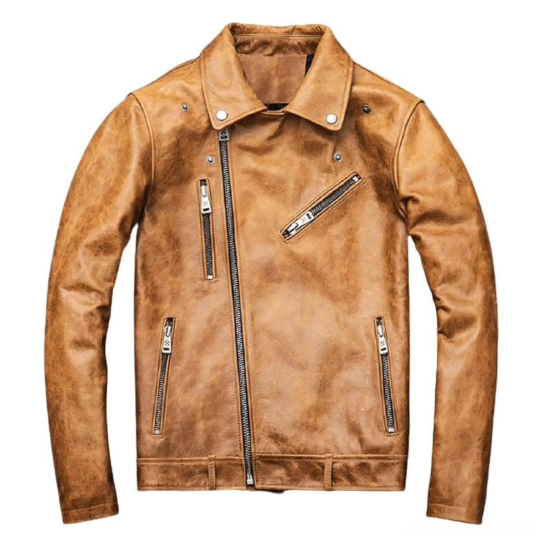 Vollständig geschlossene Camel Leder Motorradjacke mit Druckknöpfen am Kragen und sauberer Silhouette für klassischen gothic Motorrad Look