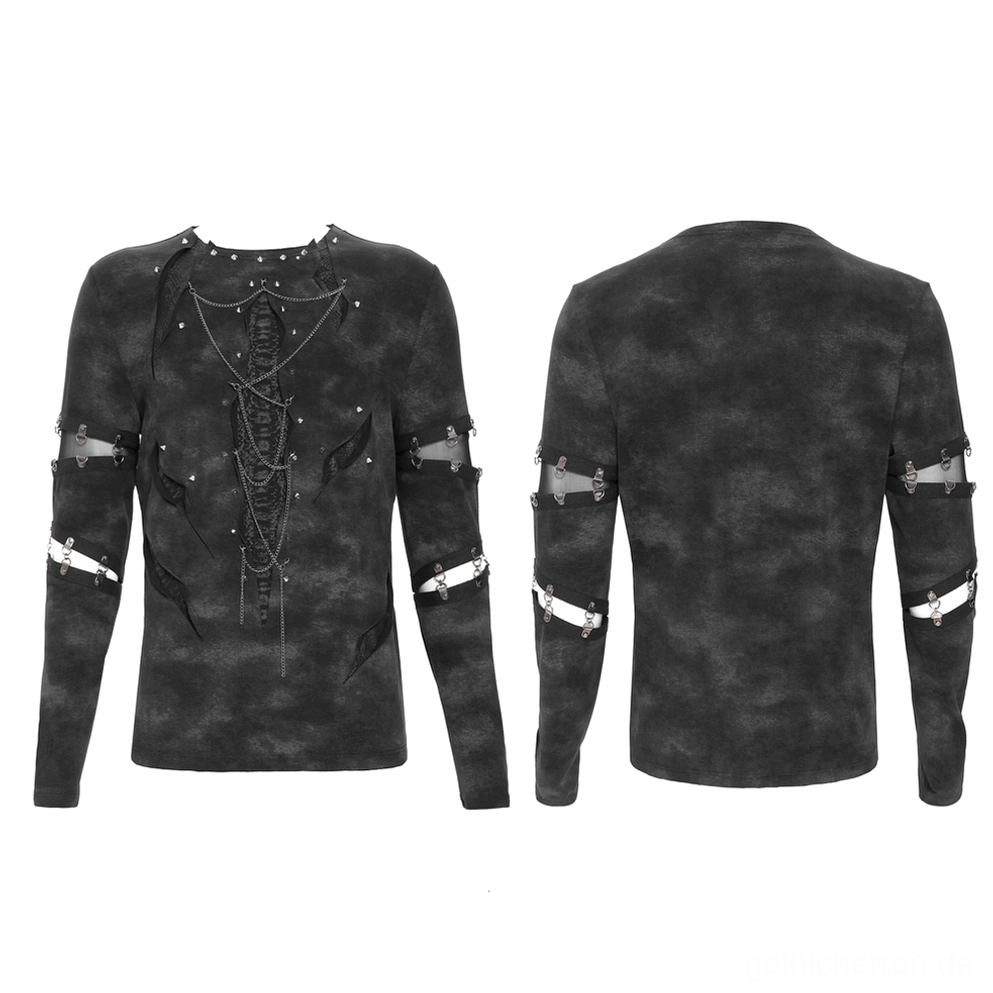 Flach liegende front- und rückansicht des distressed chain gothic tops mit tie-dye-stoffstruktur und metallnieten-verzierungen
