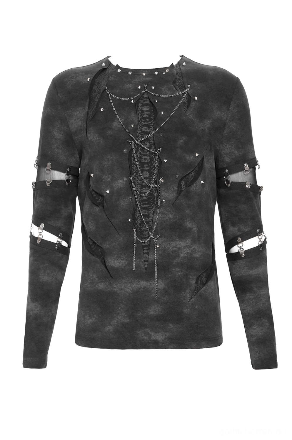 Frontansicht flach liegend des distressed gothic chain tops mit metallketten und pyramidennieten-verzierungen auf zerrissenen stoffbereichen
