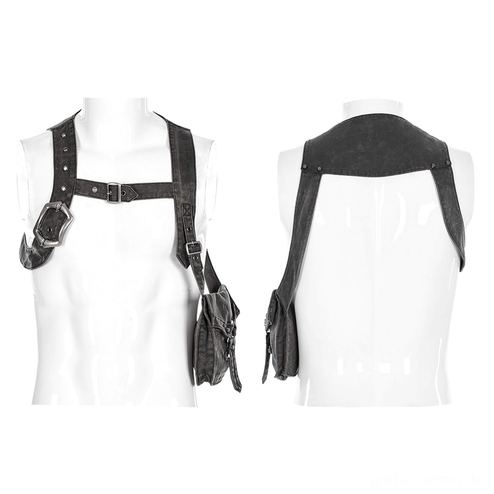 Mannequin-Display der distressed Gothic Crossbody-Tasche Vorder- und Rückansicht mit verstellbaren Schnallengurten und Druckknopf-Tasche