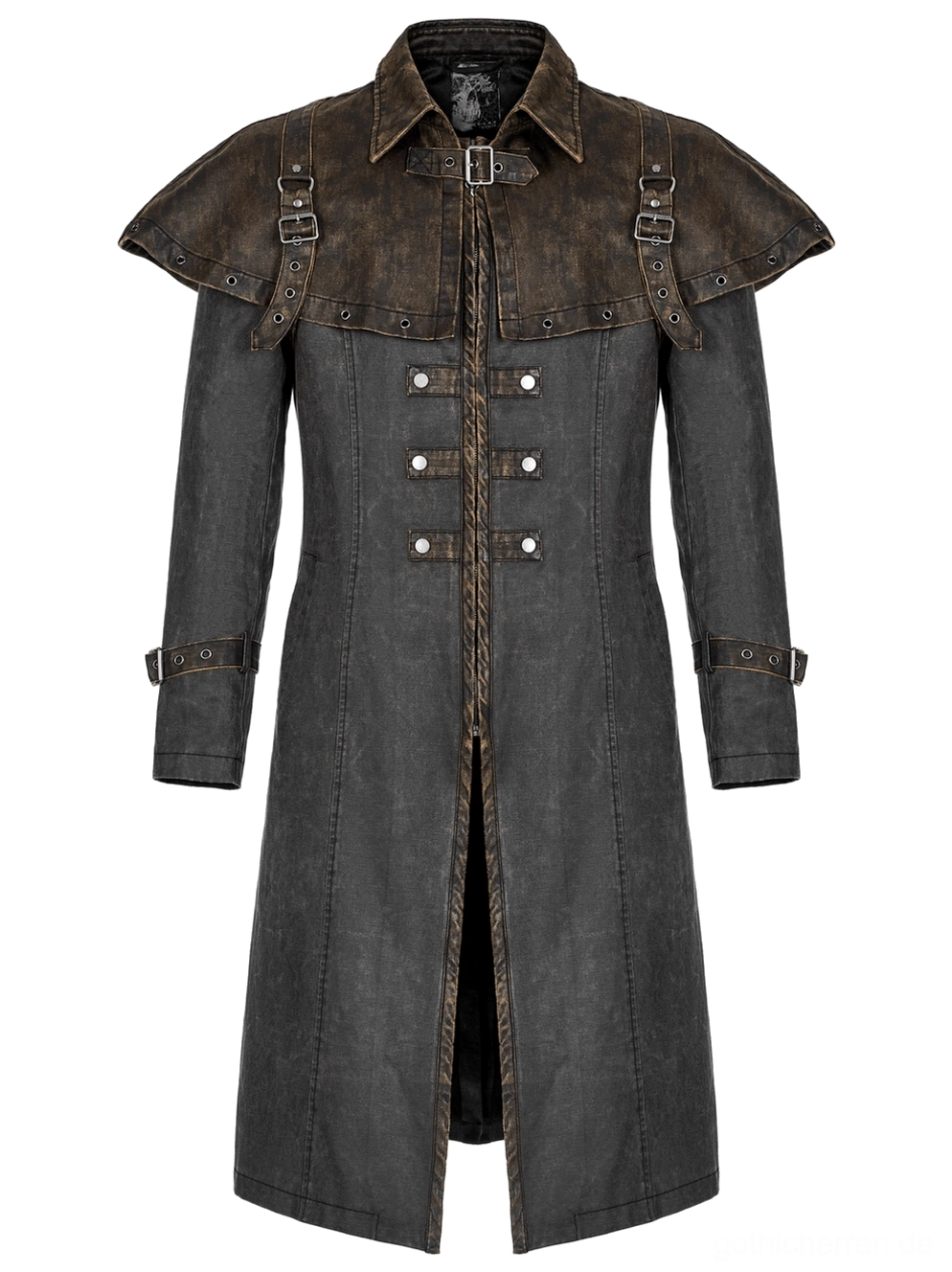 Distressed Gothic Tailcoat Rückansicht Flatlay zeigt zentrale hintere Taillenverstellungsschnalle, taillierten langen Manteltschnitt, Umhang-Befestigungspunkte und metallische Hardware