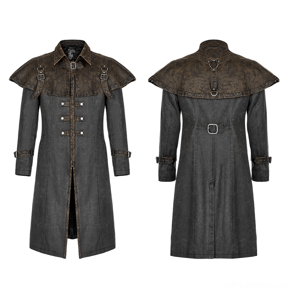 Distressed Steampunk Gothic Tailcoat Flatlay Vorderansicht zeigt Zweifarbiges Grau-Kaffee-Finish, abnehmbare Manschettenriemen, Metallknopf-Konstruktion und distressed Kunstlederdetails