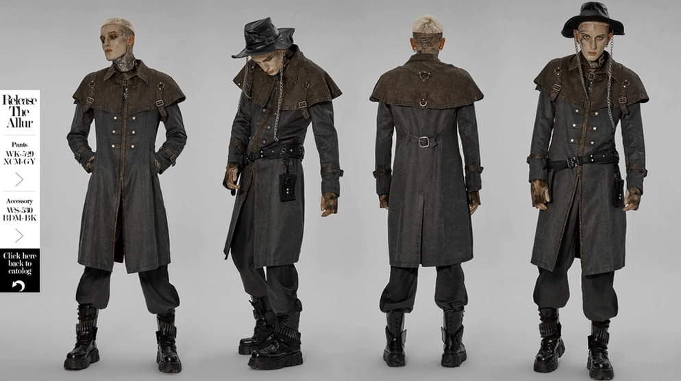 Distressed Gothic Tailcoat Größenvergleich und Passformdemonstration zeigt taillierten Schnitt Proportionen über verschiedene Größenoptionen und personalisierte Anpassungsmöglichkeiten