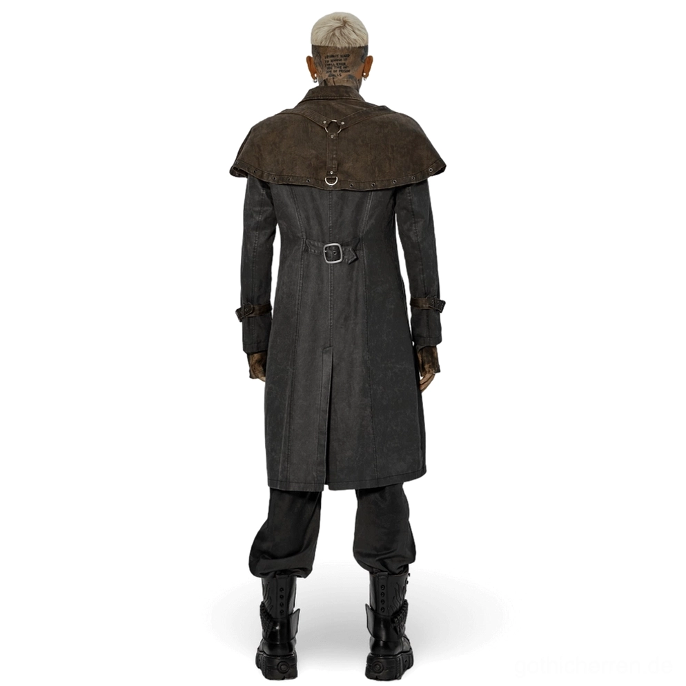 Distressed Gothic Tailcoat Rückansicht zeigt verlängerte Mantellänge, hintere Taillenverstellungsschnalle, abnehmbaren Kunstleder-Umhang mit D-Ring-Hardware und strukturierte Schneiderei