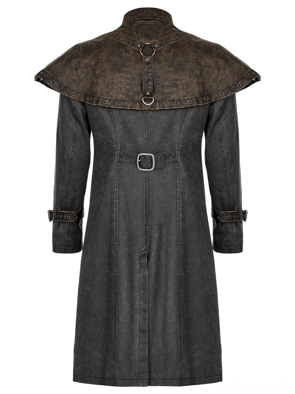Distressed Gothic Tailcoat Rückansicht Nahaufnahme zeigt zentrale hintere Taillenverstellungsschnalle, taillierten Mantelbau, strukturelle Nähte und metallische Befestigungen