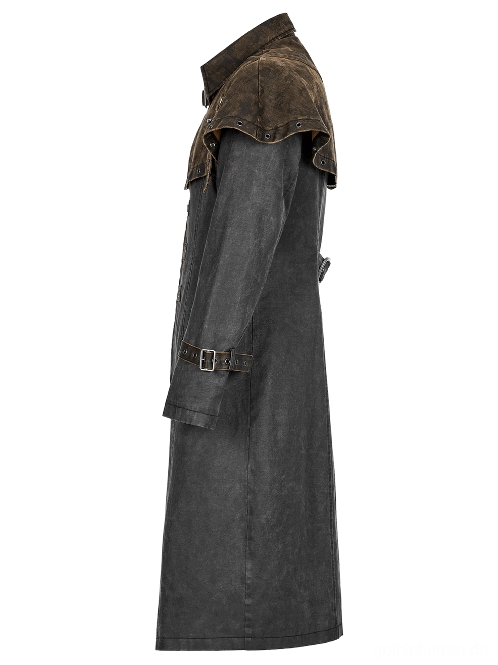 Distressed Gothic Tailcoat Seitenprofil zeigt schmale lange Passform, Manschettenriemen mit Schnallen, distressed braun Kunstleder-Umhang-Kragendetail und strukturierter Seitenschnitt