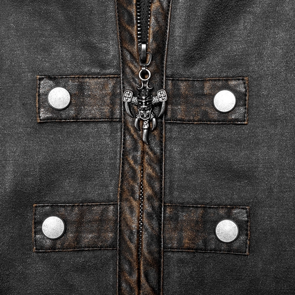 Distressed Gothic Tailcoat Stoff-Texturdetail zeigt Zweifarbiges Grau-Kaffee-distressed Finish, feinkornige gewebte Textur, verwitterter Vintage-Ästhetik und bewusste Abnutzung