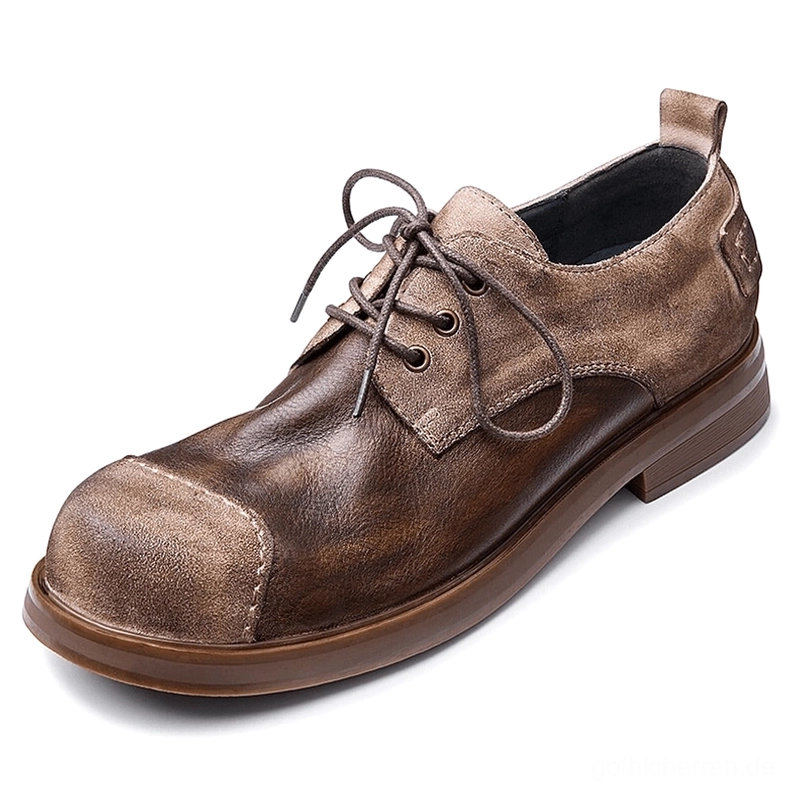 Distressed two-tone brown leather men's gothic lace-up boots three-quarter side view, showcasing vintage distressed finish, heel pull tab, round toe design and authentic gothic aesthetic