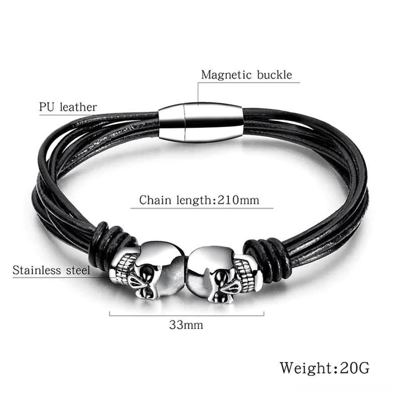 Doppelschädel Edelstahl Gothic Armband mit Größenangaben und Spezifikationen angezeigt auf Flachlage, Memento-Mori Design mit genauen Messwerten