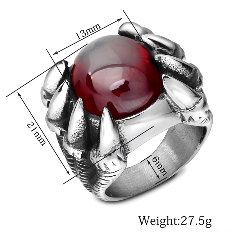 Drachenkrallen-Ring Abmessungen und Spezifikationen, 27,5g Edelstahl mit rotem CZ Edelstein, genaue Messdaten für gotischen Ringschmuck