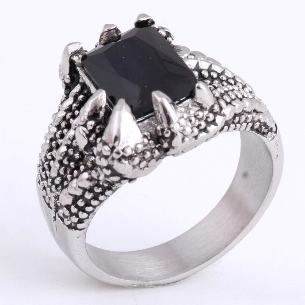 Aufsicht Drachenkralle Gothic Ring scharfe Metallkrallen rahmen schwarzen Onyx strukturiertes Band Details volständige Ringansicht